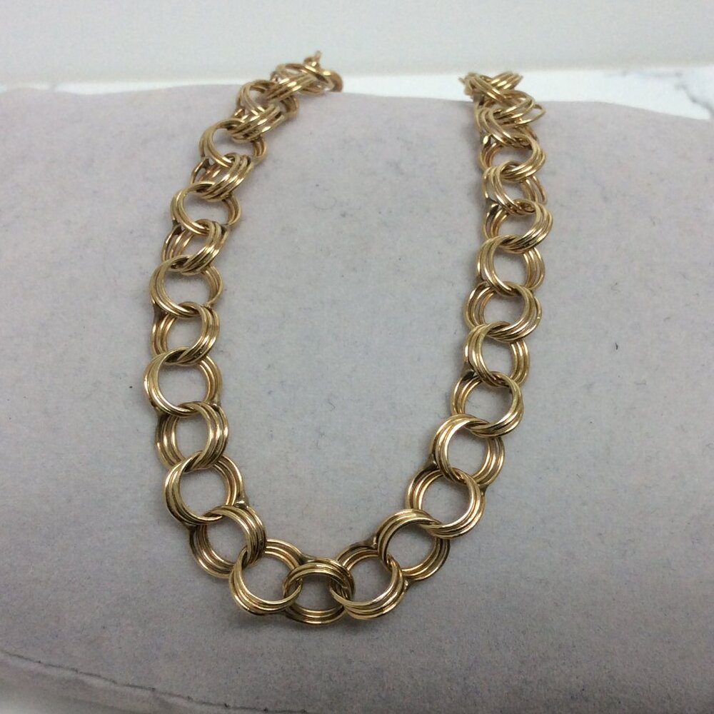 14k Yellow Real Gold  Double Circle Link Charm Bracelet 7''   5.20gr  7.20mm